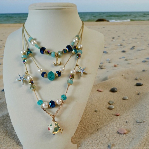 Betsy Johnson Jewelry - Retired Betsy Johnson Ocean Themed Puffer Fish Layered Necklace Gold Tone